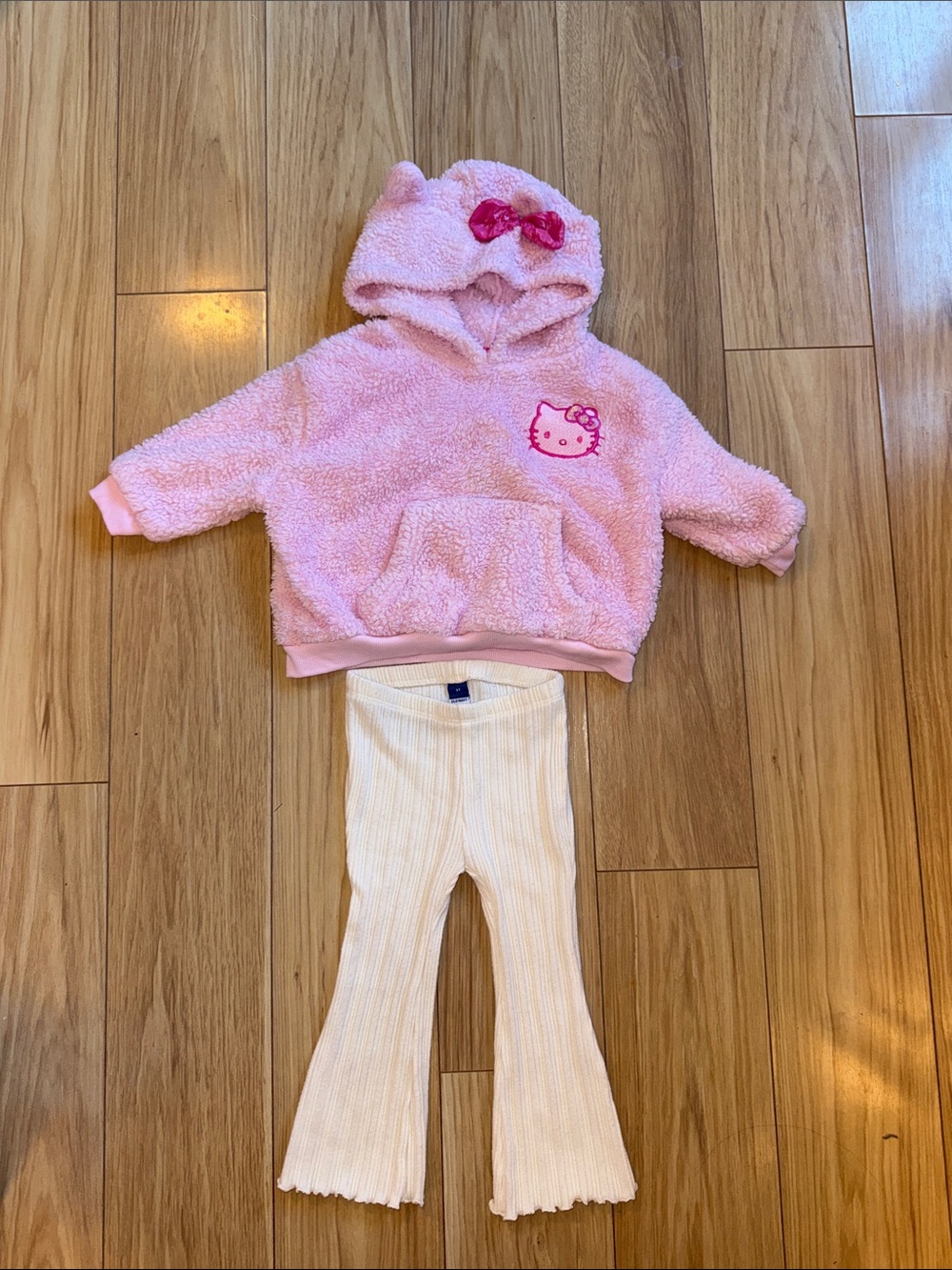 Hello Kitty Pink Fuzzy Hoodie with Cream Ribbed Flare Leggings